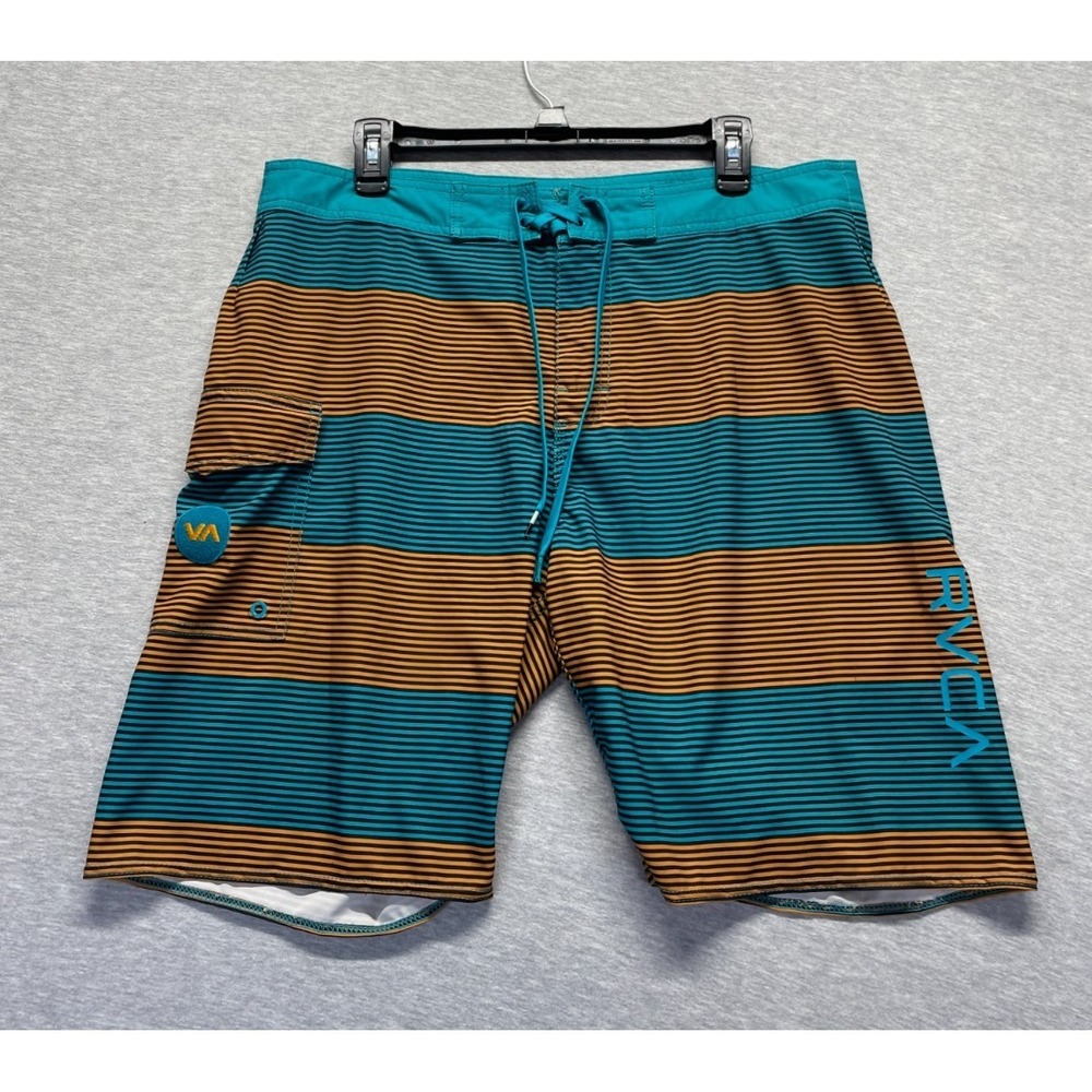 RVCA‎ Performance Board Shorts Men's 34 Teal Yellow Striped Stretchy Drawstring